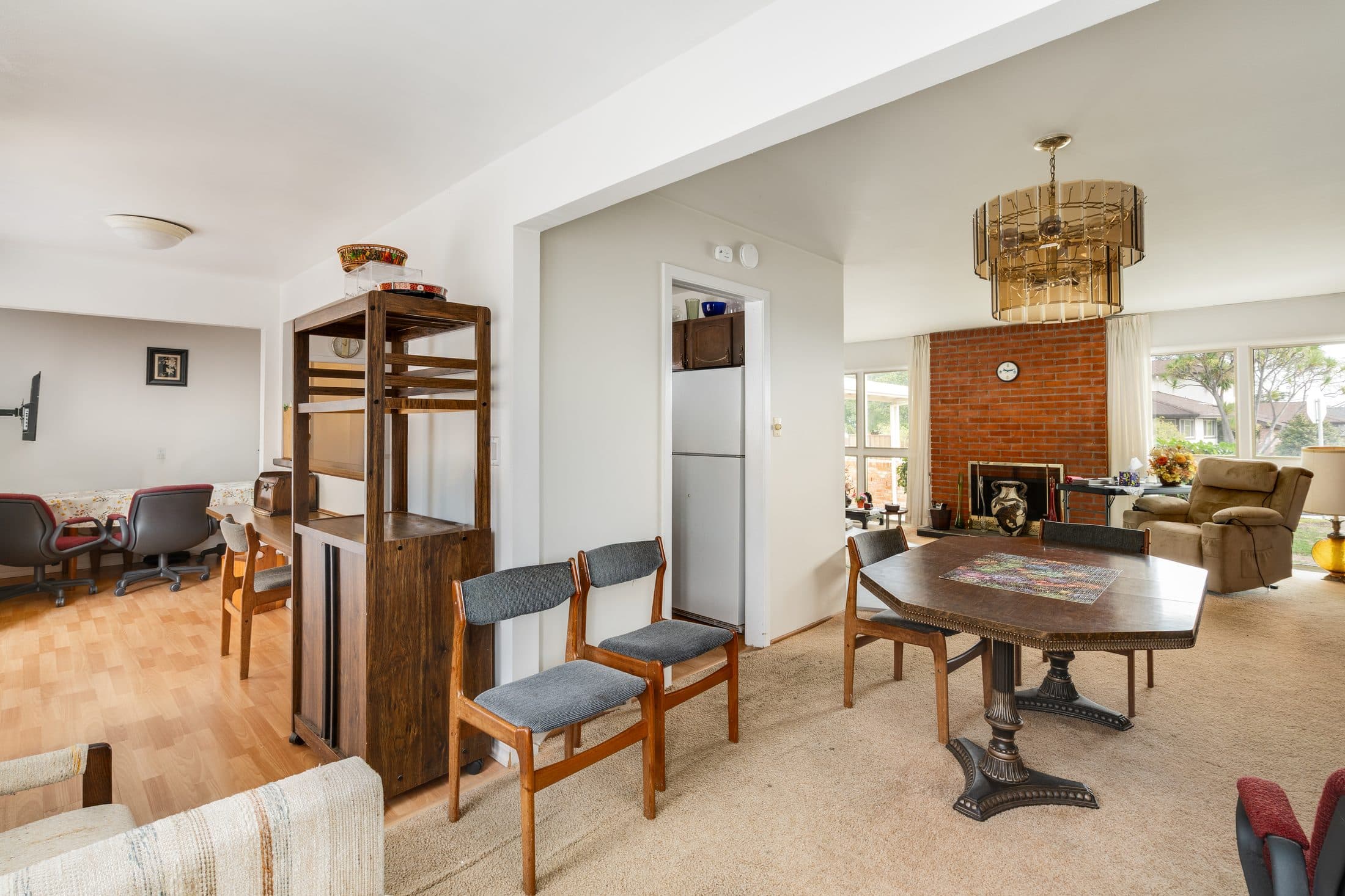The dining area at 898 Lomita Avenue, looking back to the living room fireplace.