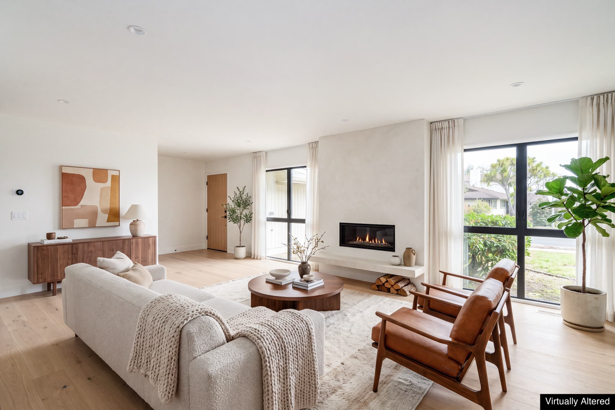 Conceptual visualization: the living room, virtually renovated and staged.